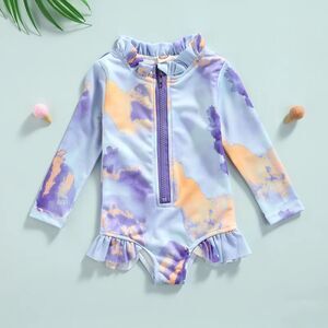 New Boutique Tie Dye Rash Guard Baby Long Sleeve Swimsuit, Purple, 18-24M
